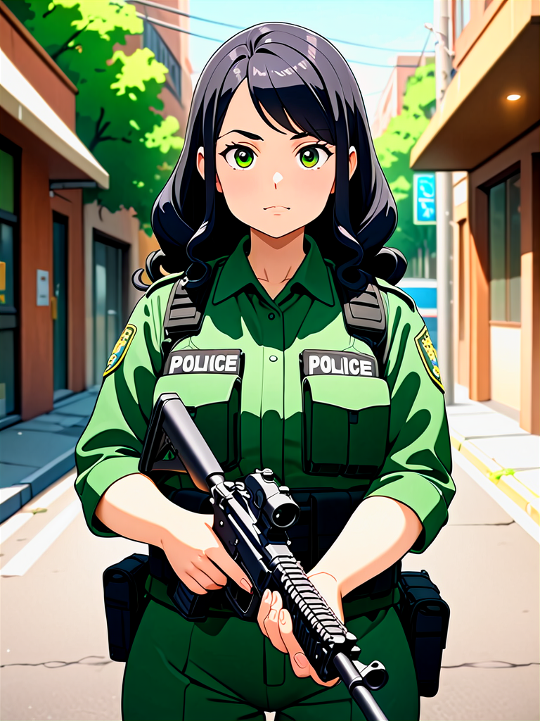 anime, illustration, best quality, (masterpiece:1.4), (high quality:1.4), sharp focus, 4k, absurd resolution, detailed hands, curly hair, long hair, (black hair:1.6), 1girl, mature female, (parted hair:1.7), (round face), (no_bangs:1.3), (no_fringe:1.6), <lora:ETO_OC_XL:0.7>, (thick eyebrows:0.9), (plump:0.8), round-chin, (greenish brown eyes), (brownish green eyes), caucasian, down-turned eyes, 1girl, (forehead:0.65), <lora:swat gear_xl:0.5> swat gear, weapon, (shooting viewer, guns in hand), gun, black uniform, police, rifle, street, officers, soldier, military, officer,