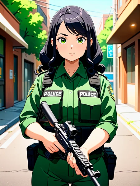 anime, illustration, best quality, (masterpiece:1.4), (high quality:1.4), sharp focus, 4k, absurd resolution, detailed hands, curly hair, long hair, (black hair:1.6), 1girl, mature female, (parted hair:1.7), (round face), (no_bangs:1.3), (no_fringe:1.6), <lora:ETO_OC_XL:0.7>, (thick eyebrows:0.9), (plump:0.8), round-chin, (greenish brown eyes), (brownish green eyes), caucasian, down-turned eyes, 1girl, (forehead:0.65), <lora:swat gear_xl:0.5> swat gear, weapon, (shooting viewer, guns in hand), gun, black uniform, police, rifle, street, officers, soldier, military, officer,