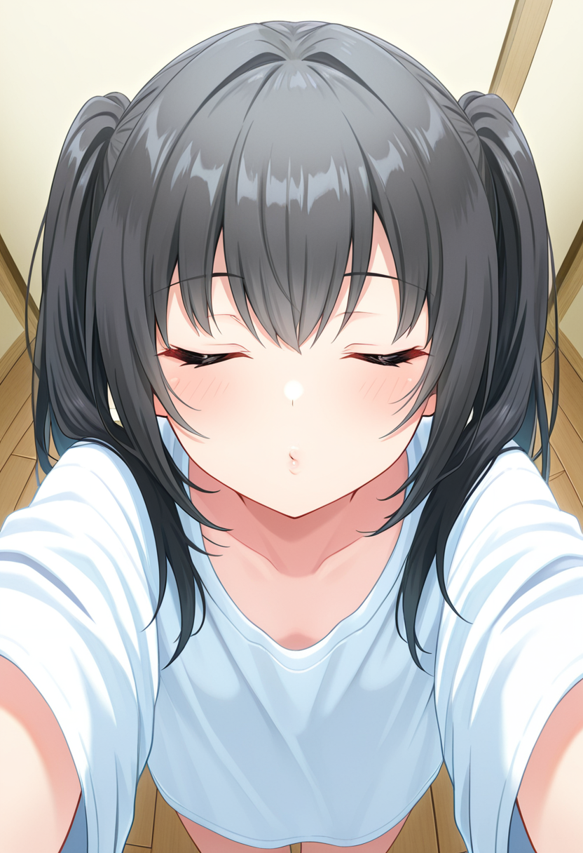 1girl, oregairumiagup, black hair, long hair, twintails, closed eyes, oversized shirt, looking at viewer, cute, incoming kiss, puckered lips,  from above, <lora:RumiHighSchool_ill_v2:1>, masterpiece, best quality, high quality, detailed, absurdres