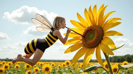 cinematic photo a (25 year old girl:1.5), she has huge bee wings attached to her back and bee antennae attached to her head, she's wearing a( black and yellow:1.2) horizontally striped figure hugging lycra minidress, the dress has a human sized (fuzzy bee abdomen attached sticking out at the butt:1.3)
she has blonde hair in a bob cut, she has a slim figure and long legs, she has medium sized breasts
she's hovering in midair in front of a enormous flower, the flower is bigger than the girl, ready to drink it's nectar through a long straw, the straw is held in her hand with the end (stuck into the flower:1.3)
she's in a meadow of enormous wild flowers,, score_9, score_8_up, score_7_up, hyperdetailed, hyperrealistic, best quality, (masterpiece:1.3),high-definition, intricate details, volumetric lighting, symmetrical face, level eyes, . 35mm photograph, film, bokeh, professional, 4k, highly detailed