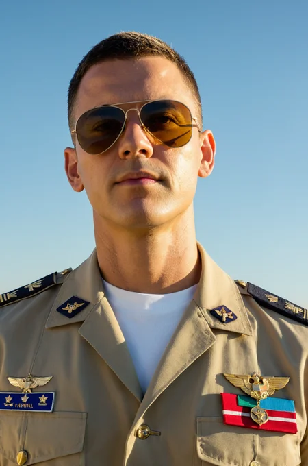 man, military uniform, aviator sunglasses, clear sky, close-up, medium shot, adult male, confident pose, sunlight, badges of rank on collar, military medals, short hair, looking forward, neutral expression, tan uniform, outdoors, daylight, service uniform.,