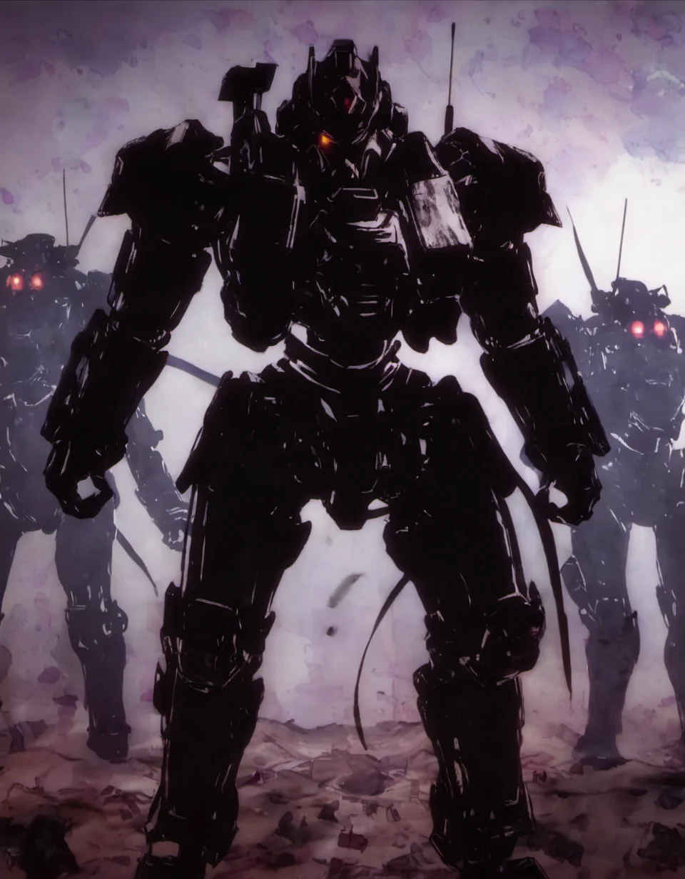 <lora:niohstorytelling-step00000400:1>,niohstorytell,silhouette of a mech warrior,battlefield on the background