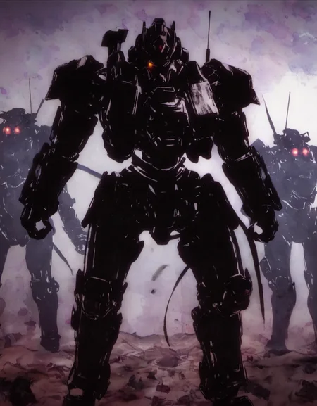 <lora:niohstorytelling-step00000400:1>,niohstorytell,silhouette of a mech warrior,battlefield on the background