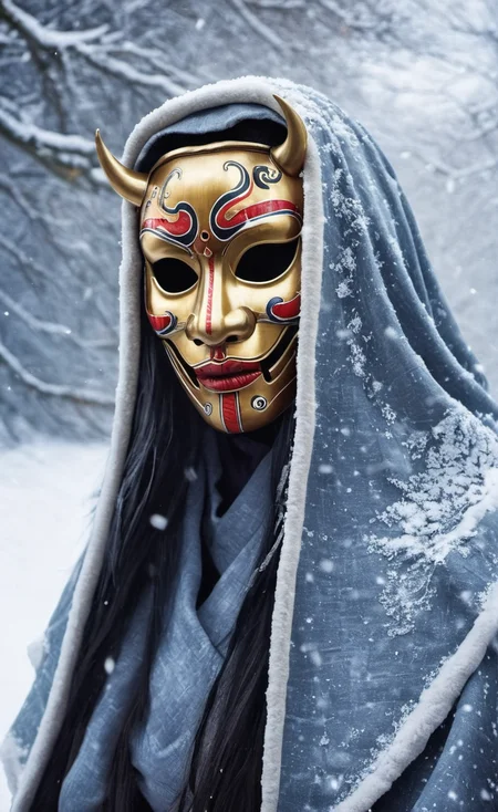 <lora:monk-000004:0.8>,crptedmonk,DamShelma's art capturing an awe-inspiring lady donning traditional African voodoo mask, encircled by a mystical snowfall in wintertime, snowy backdrop, voodoo mask intricate patterns, cold climate, heavy snowflakes drifting down, masked face mystery and enchantment, magic realism style, snowy landscape, winter chill, ethereal beauty, contrasting elements- tropical mask, frosty environment, enhanced detail, vivid colors, eerie allure, digitally rendered, aesthetics of intrigue