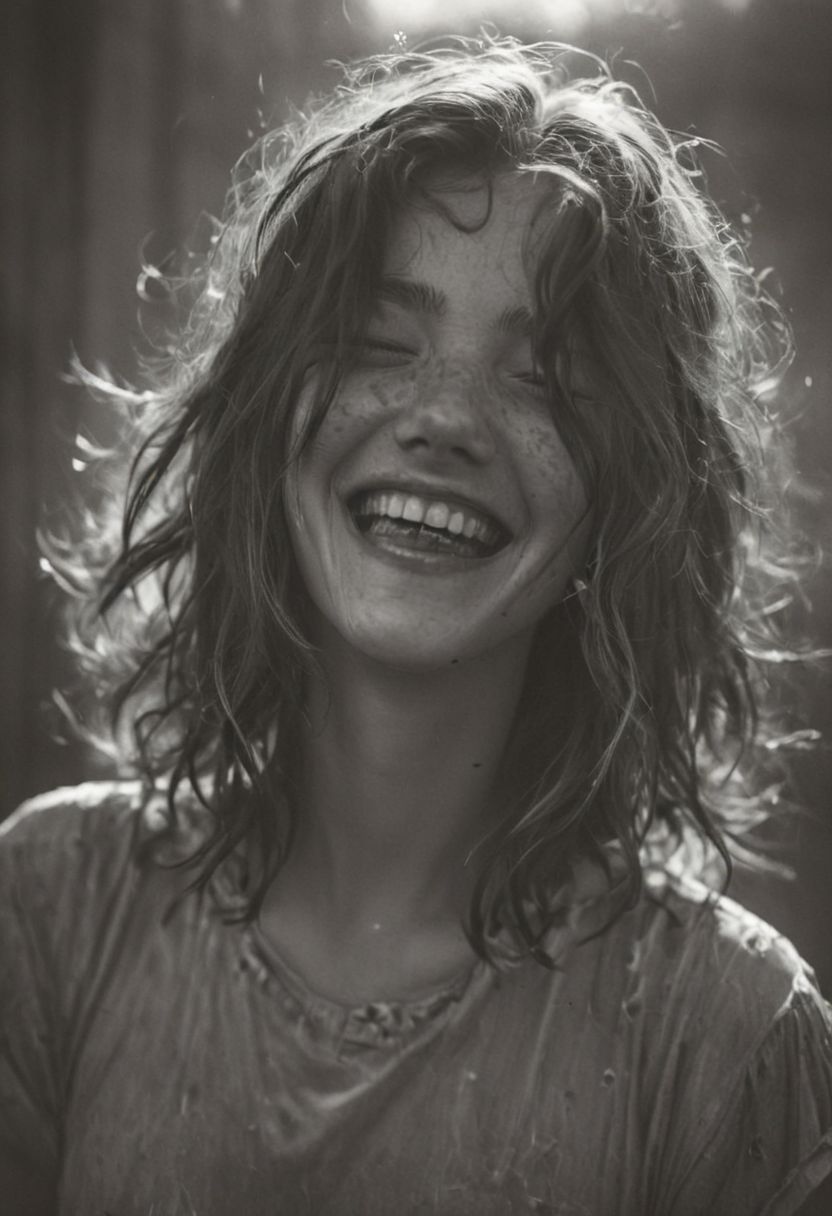 font face portrait of a laughing woman with broken teeth and freckles with hair over her face, hair over both eyes,
atmospheric haze, Film grain, cinematic film still, shallow depth of field, highly detailed, high budget, cinemascope, moody, epic, OverallDetail, 2000s vintage RAW photo, photorealistic, candid camera, color graded cinematic, atmospheric lighting, imperfections, natural, shallow dof