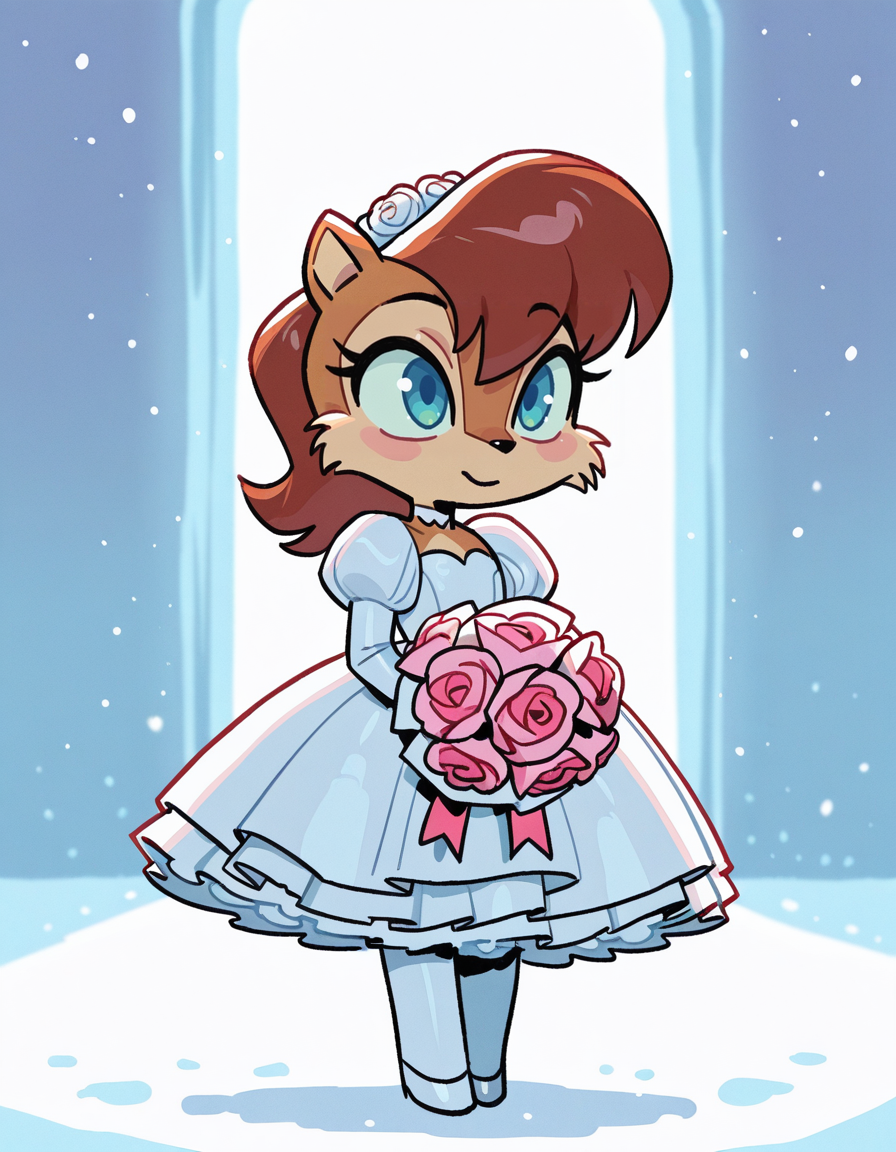 1girl, solo, <lora:knuxze:1> knuxze, no humans, petite,
sally acorn, chipmunk, brown fur, brown hair, blue eyes, little girl, petite, classic wedding dress, sweetheart neckline, petticoat, pantyhose, flower bouquet, (medium shot), wrapping gifts, detailed face, located in a winter scene at a snow-covered village during dawn with misty weather, illuminated by moonlight reflecting on snow, creating a serene,bright atmosphere, extremely detailed, highres, masterpiece, best quality