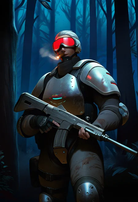 1other, ambiguous-gender, night-vision-goggles very-short-hair, grey-hair cigar, futuristic breastplate, khakis, knee-pads, shoulder-pads, dirty, fingerless-gloves, holding-assault-rifle, cowboy-shot, forest, masterpiece, best quality, newest, absurdres, highres <segment:hand//cid=11>masterpiece, best quality, newest, absurdres, highres, bandaid