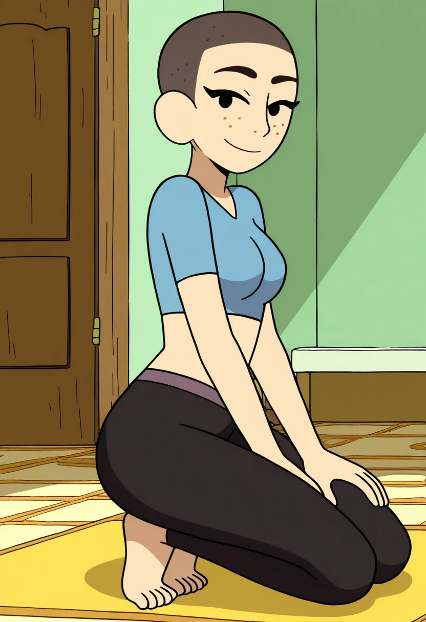 masterpiece, best quality, absurdes, 1girl, solo, rating_explicit, full body,
source_cartoon,
<lora:Kat (Craig of the Creek) (Illust):0.8> Kat_CotC, black eyes, freckles, very short hair, smile, black eyes,
beautiful, cute, crop top, midriff, yoga pants, indoors, smile, mature female, medium breasts,
<lora:Detailer_NoobAI_Incrs_v1:0.4> detailed,