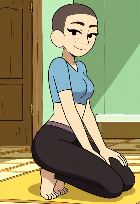masterpiece, best quality, absurdes, 1girl, solo, rating_explicit, full body,
source_cartoon,
<lora:Kat (Craig of the Creek) (Illust):0.8> Kat_CotC, black eyes, freckles, very short hair, smile, black eyes,
beautiful, cute, crop top, midriff, yoga pants, indoors, smile, mature female, medium breasts,
<lora:Detailer_NoobAI_Incrs_v1:0.4> detailed,