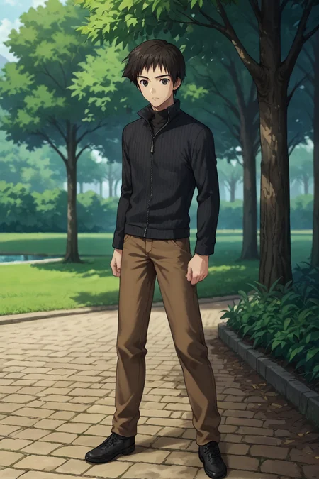 score_9, score_8_up, score_7_up,score_6_up,score_5_up,score_4_up,source_anime,BREAK, rating_safe, intricate details , , , anime screencap, anime coloring, official style, depth of field,1boy, solo, male focus,<lora:shizuki:0.89>,soujuurou shizuki,black hair, black eyes,short hair,looking at viewer, black shirt, long sleeves, closed mouth, black jacket, zip on,standing, full body, shoes, pants, black footwear, turtleneck, expressionless, casual, legs apart, arms at sides, brown pants, kyon,day,tree,park
 <lora:sdxl_lightning_8step_lora_315544:1>
