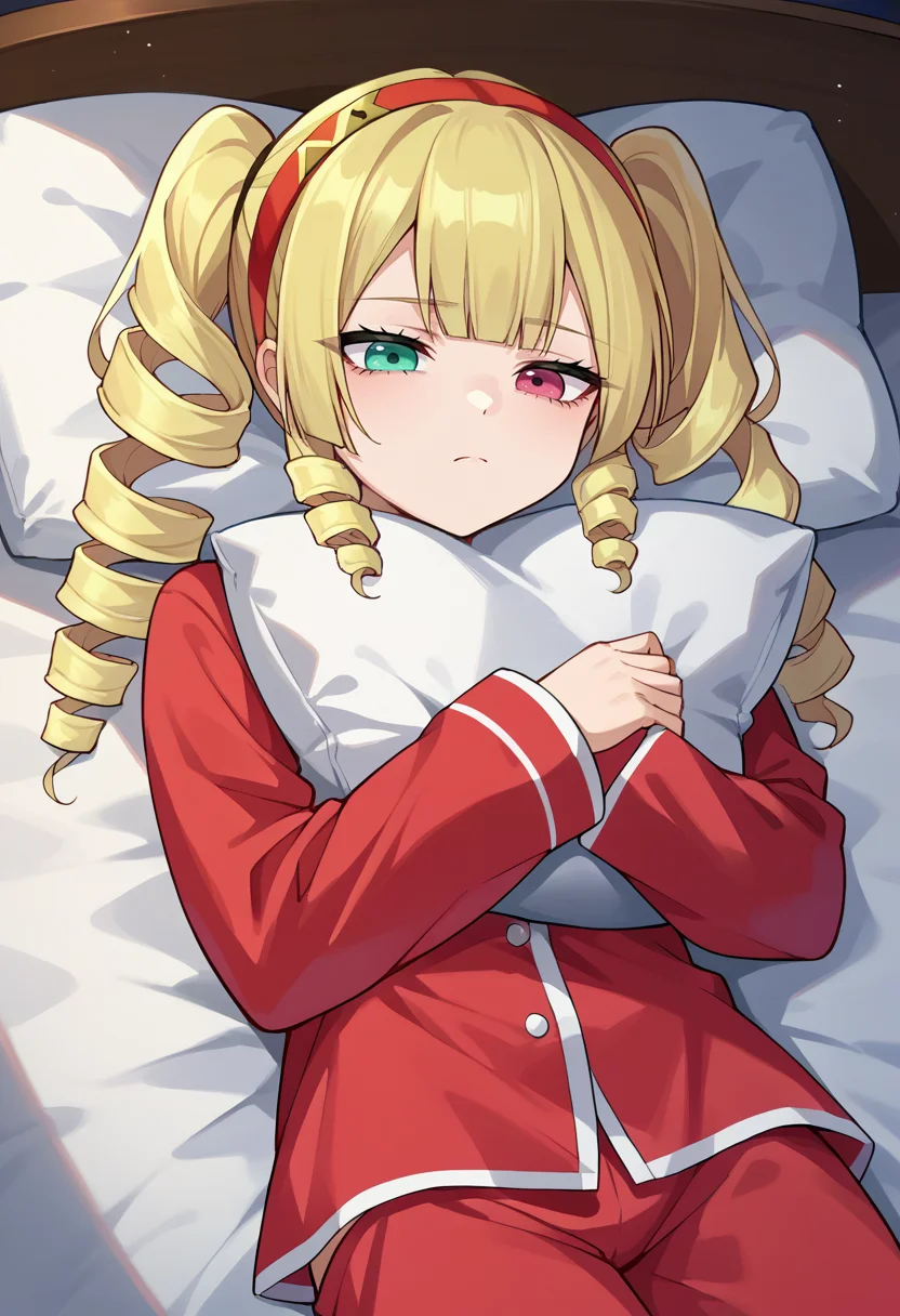 score_9, score_8_up, source_anime, 1girl, solo, KoamiSumire, heterochromia, blonde hair, long hair, twintails, drill hair, red hairband, on bed, sleepwear, pajamas, night, tired, on back, lying, pillow hug, pillow, <lora:ChamKoamiSumirePonyXL:1>