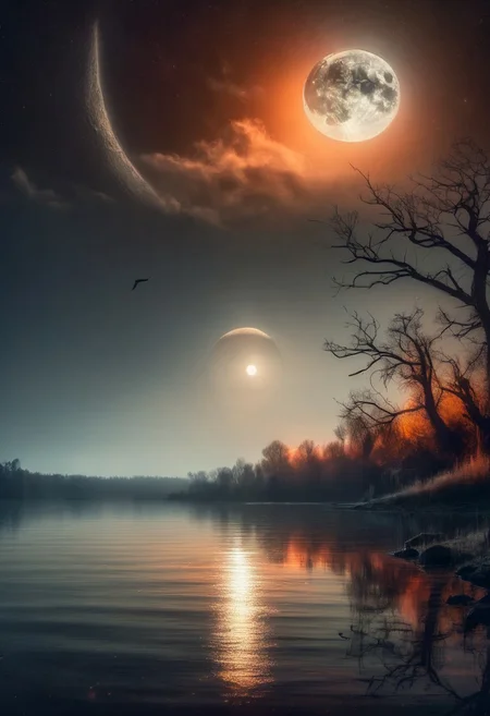 gradient night, dark black moody, (jankyard:1.2), distant small moon, desolate lake, 8k, hdr, high contrast, black and orange