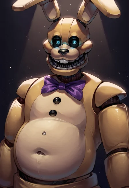 score_9, score_8_up, score_7_up, score_6_up, half body, rabbit ears, (pitbonnie), blue eyes, glowing eyes, purple bow, looking at viewer, buttons, animatronic, black sclera, dad bod, belly, navel, dark background, light particles, BREAK detailed, gloss, hires, best quality <lora:Pit_Bonnie:0.9>