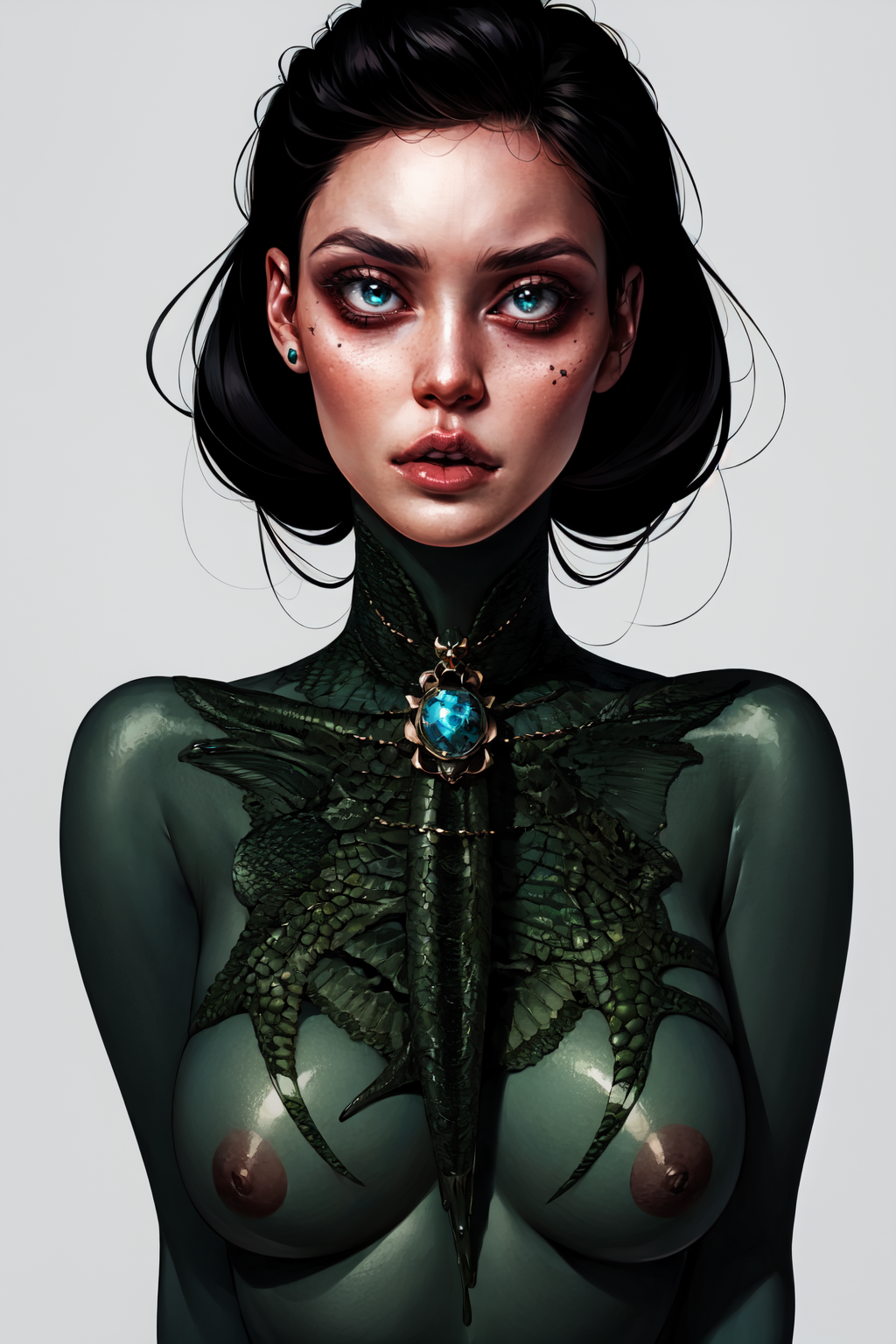 1girl, black hair, green dragon  on the neck, lips black tattoo <lora:Laura_style:1>