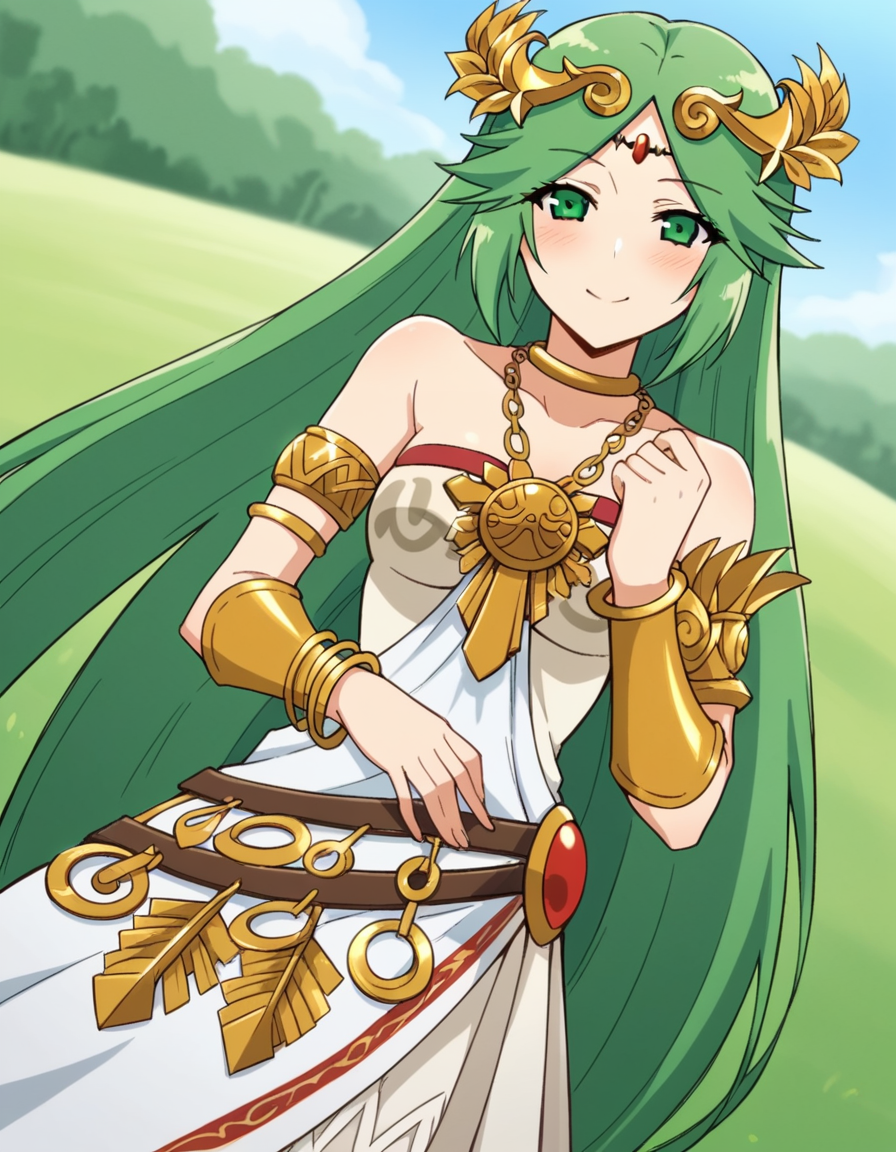 score_9, score_8_up, score_7_up, source_anime, <lora:palutena-trailer-ponyxl-lora-nochekaiser:1>, palutena, long hair, bangs, very long hair, green eyes, green hair, parted bangs,, dress, bare shoulders, jewelry, necklace, white dress, strapless, tiara, strapless dress, armlet, neck ring, gold,, wheat field, golden, harvest, farming, open, smile, hand on stomach, blush,, looking at viewer, solo,, dutch angle, cowboy shot