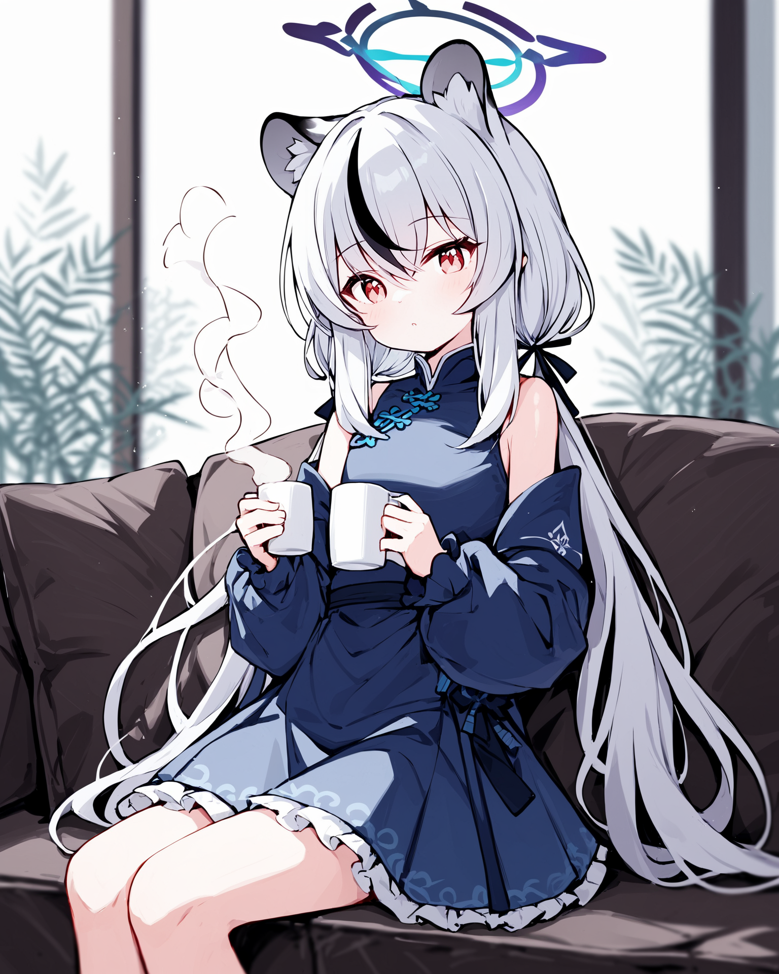 <lora:tpn3-5.5-R-Sytle-400artist:0.85>
Best-A,squallea,1girl, absurdres, animal_ears, arm_out_of_sleeve, blue_archive, blurry, chinese_clothes, coffee, coffee_mug, commentary_request, couch, cup, depth_of_field, frilled_skirt, frills, grey_hair, hair_between_eyes, halo, highres, holding, holding_cup, kokona_\(blue_archive\), long_hair, long_sleeves, looking_at_viewer, low_twintails, mug, multicolored_hair, pillow, red_eyes, sidelocks, sitting, skirt, sleeveless, solo, squallea, steam, streaked_hair, tiger_ears, tiger_girl, twintails, two-tone_hair, window
score_9,score_8_up,score_7_up,source_anime,best_quality,masterpiece,perfect_bodyï¼