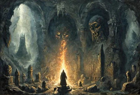 a silhouette standing in the middle with a torch, mines of moria underground, carved statues, abstract temple in the unthinking depths,
overgrown cave and ruined walls, Nordic dungeon, cave ruins concept art, demonic runes and incantations carved into the dark souls catacomb, Skyrim, the elder scrolls, arx fatalis, dungeons and dragons,