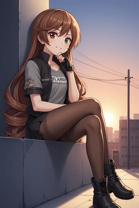 score_9, score_8_up, score_7_up, score_6_up, score_5_up, score_4_up, source_anime, BREAK
1girl, <lora:Suiseiseki_pdxl_v1.0:0.85> suiseiseki, black footwear, black gloves, jacket, brown pantyhose, clothes writing, crossed legs, fingerless gloves, grey shirt, open jacket, short sleeves, black skirt, BREAK
building, evening, industrial pipe, outdoors, sunset, BREAK
hand on own chin, looking at viewer, sitting, smile