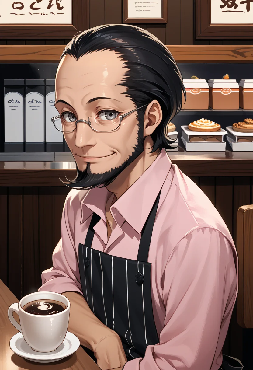 score_9, score_8_up, score_7_up, source_anime, BREAK, solo, 1boy, smirk, looking at viewer, <lora:Sojiro-pdxl_Fp:1>, sojiro, short hair, black hair, beard, grey eyes, glasses, collared shirt, pink shirt, apron, pants, cafe, coffee,