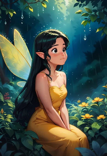 score_9, score_8_up, score_7_up, score_6_up, score_5_up, score_4_up masterpiece, high quality, a girl hiding from the rain in a magical forest, cute, black long hair, yellow dress,Fairy Wings , j_huiben, source_cartoon