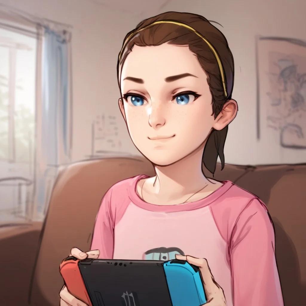 sketch, anime coloring, score_9, score_8_up, score_7_up, score_6_up, girl, Max-Caulfield, 1girl, shorts, ponytail, pink shirt, blue eyes, brown hair, solo, playing Nintendo Switch in the living room, on the couch, upper body. smug, lips parted