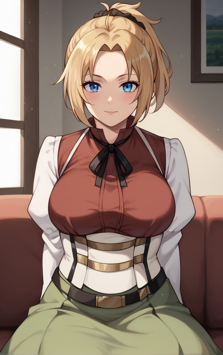 score_9, score_8_up, score_7_up, BREAK
WhiteSleeves_ZenithGreyrat_ownwaifu, 
1girl, blonde hair, blue eyes, hair pulled back, medium hair, parted bangs, short ponytail, sidelocks,  large breasts, long hair, scrunchie,
belt, black ribbon, green skirt, long skirt, underbust, white corset, white sleeves, shirt, neck ribbon, long sleeves, vest, skirt, corset, red shirt, ribbon, turtleneck, crop top,
(sitting, spread legs), arms behind back, couch, window shade, indoors, <lora:PONYXL_MushokuTensei_ZenithGreyrat_ownwaifu:0.95> , depth of field, solo,