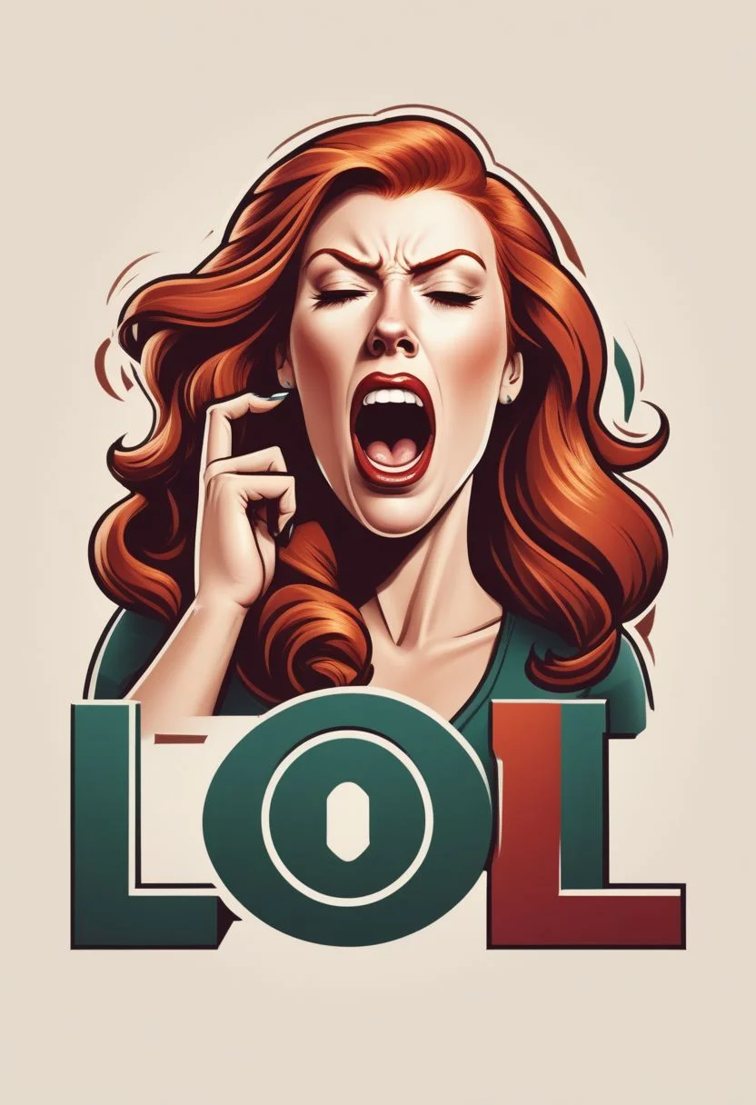 ("LOL" text logo:1.5), attractive redhead woman with large chest yawning and looking disinterested, text logo <lora:dvr-ftl:0.8>