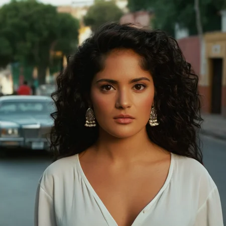 cinematic film still of <lora:perfection style:0.5> <lora:detailed:0.5> perfection detailed
<lora:Rodriguez's Mexico Trilogy film style:1>
In the United Mexican States Salma as Carolina a woman with long hair and earrings standing in a street,1girl,solo,long hair,shirt,black hair,brown eyes,jewelry,collarbone,white shirt,upper body,earrings,dark skin,blurry,dark-skinned female,lips,blurry background,curly hair,realistic , cinematic, film, kodak, Rodriguez's Mexico Trilogy film style, shallow depth of field, vignette, highly detailed, high budget, bokeh, cinemascope, moody, epic, gorgeous, film grain, grainy