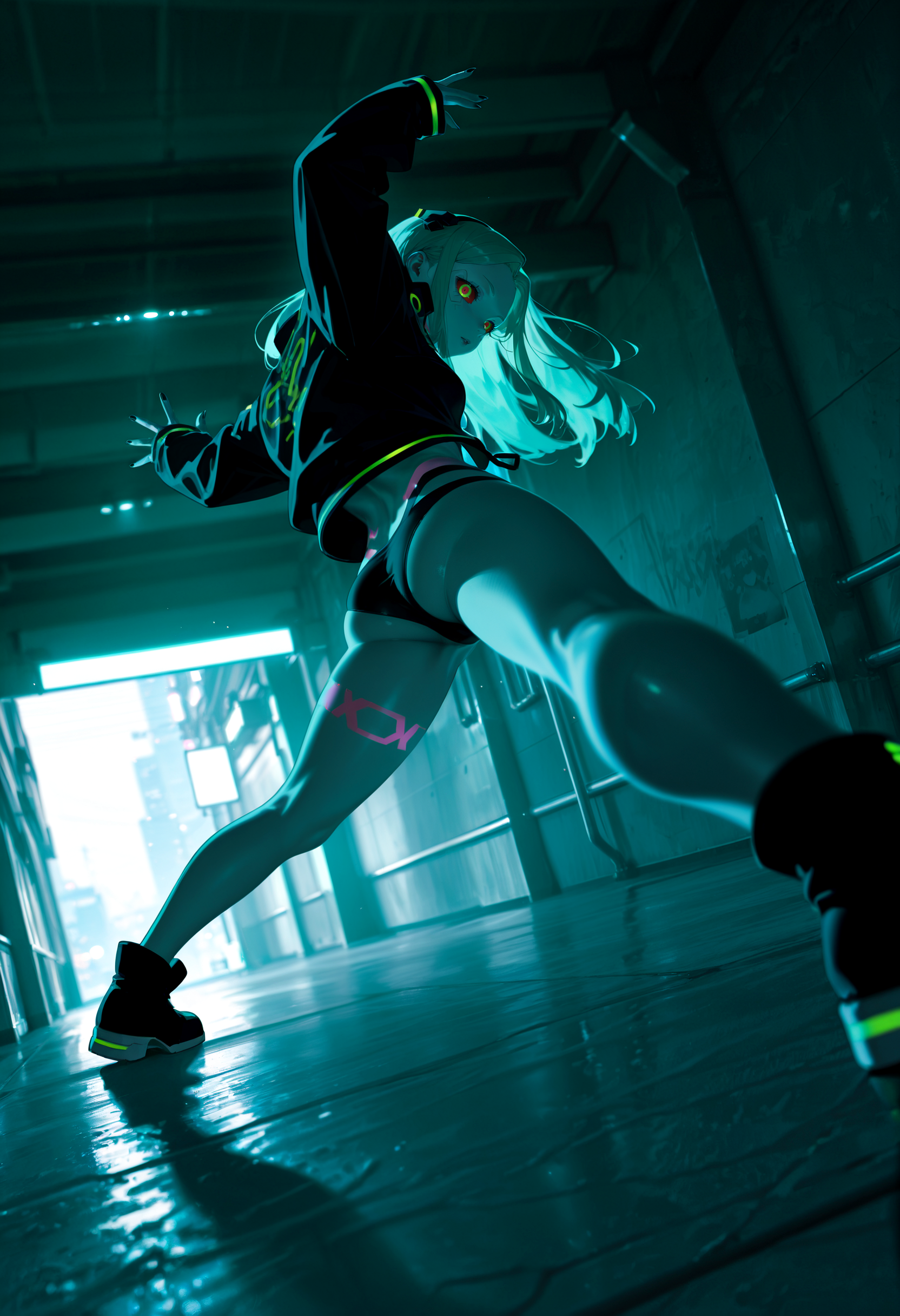 masterpiece, best quality, very aesthetic, ultra-detailed, absurdres, newest, photo background, dark, shadow, backlighting, detailed clothing, detailed shading, HDR, high contrast, photorealistic, dutch angle, depth of field, dynamic pose, perspective, <lora:Detailer\touching_grass_v0.2:0.5> BREAK rebecca \(cyberpunk\), long sleeves, single bare shoulder, sleeves past wrists, black fingernails, midriff, black panties, full body, dynamic pose, from side, from behind,
