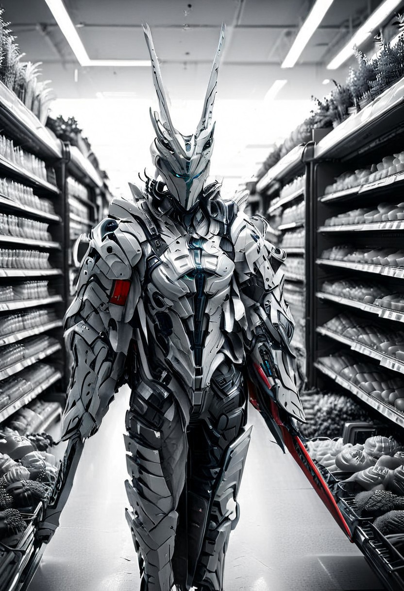 whitemold,3d printed mold,art style,greyscale,monochrome, front view, (supermarket:2), vegetables department, WHITE CYBORG WARRIOR, score_9, score_8_up, score_7_up, score_6_up, score_5_up, score_4_up, UHD, 8K, masterpiece, detailed, ultra_high_resolution, lots of detail, Ultra detailed photo realistic background, lots of detail, RED ILLUMINATED SWORD, cyberpunk, mad-hdwr, cyberpunk.