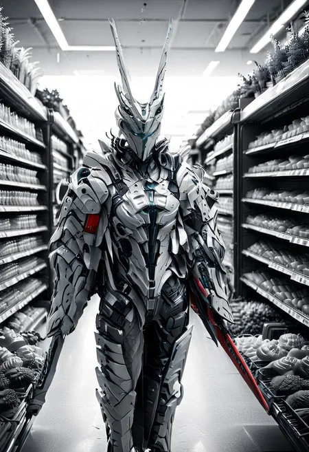 whitemold,3d printed mold,art style,greyscale,monochrome, front view, (supermarket:2), vegetables department, WHITE CYBORG WARRIOR, score_9, score_8_up, score_7_up, score_6_up, score_5_up, score_4_up, UHD, 8K, masterpiece, detailed, ultra_high_resolution, lots of detail, Ultra detailed photo realistic background, lots of detail, RED ILLUMINATED SWORD, cyberpunk, mad-hdwr, cyberpunk.