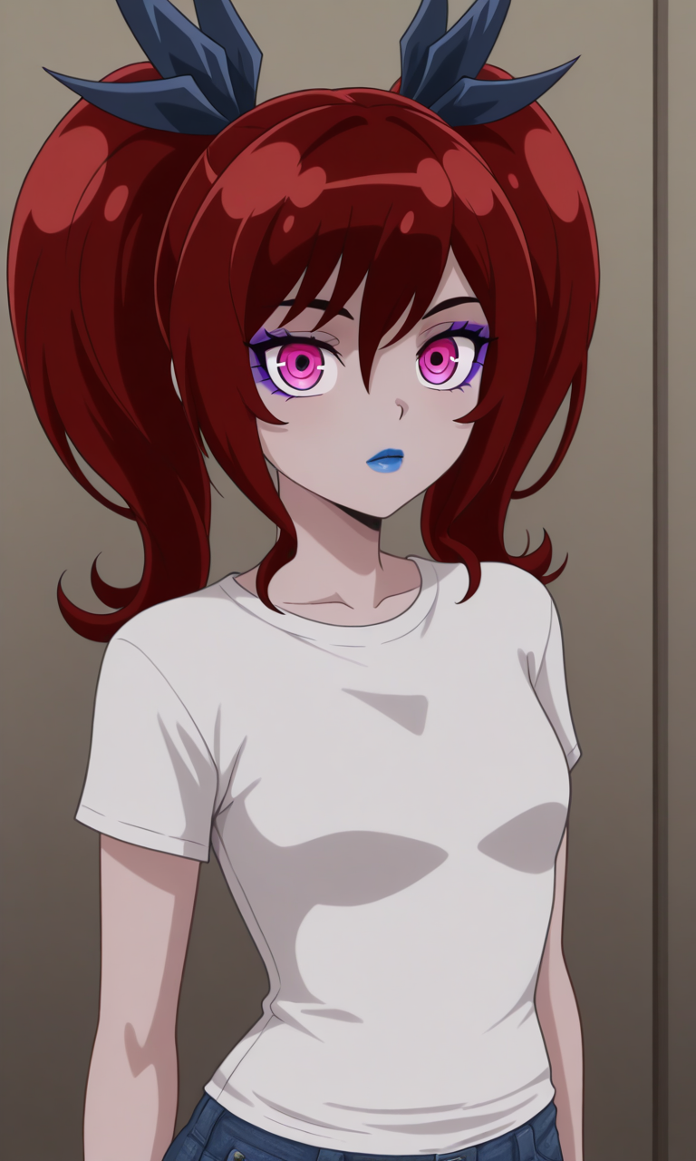 1girl, solo,zeyet, dark red hair, twintails, black hair ribbon, deep pink eyes, purple eyeshadow, blue lips, white t-shirt, jeans, portrait, looking at viewer, masterpiece,best quality,amazing quality,very aesthetic,absurdres,newest,