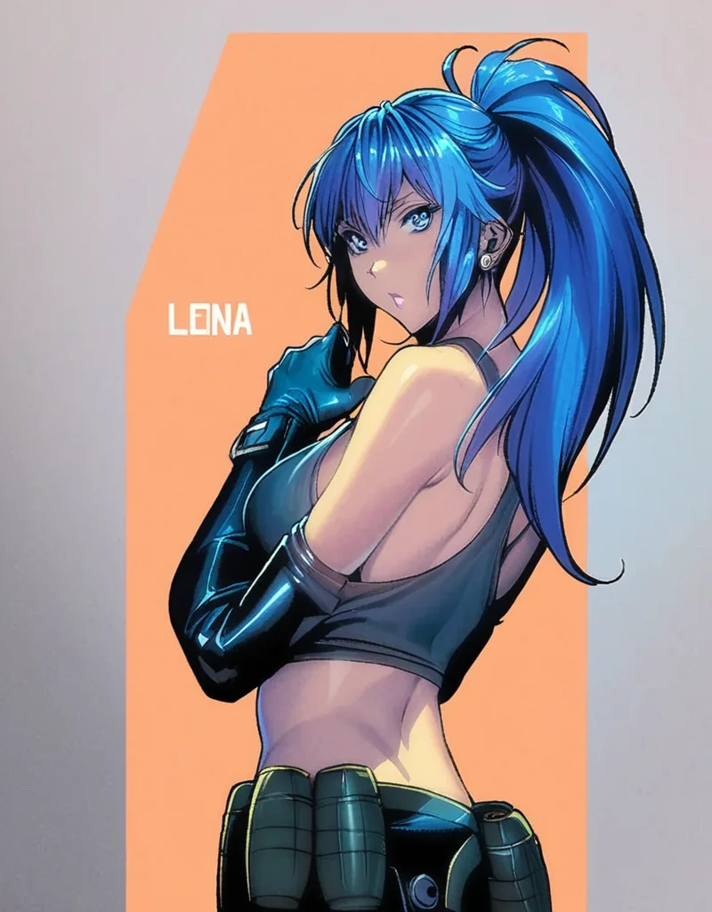 masterpiece, best quality, <lora:style61-a31-000015:1>,1girl, solo, leona heidern, blue hair, blue eyes, sideboob, breasts, ponytail, long hair, tank top, large breasts, bare shoulders, crop top, character name, grenade, upper body, explosive, earrings, looking at viewer, back, looking back, jewelry, midriff, medium breasts, gloves