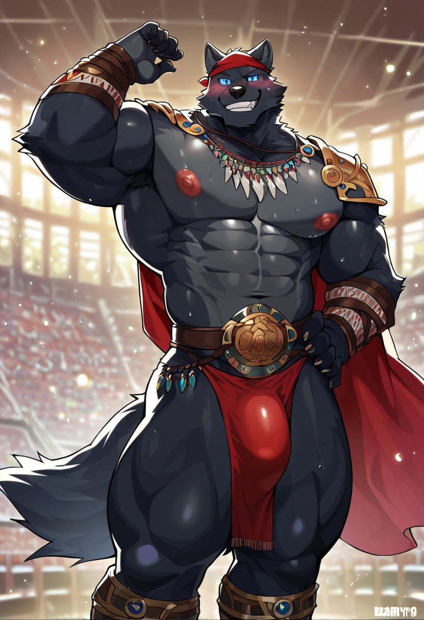 score_9_up, score_8_up, score_7_up, high quality, detailed, source_furry, 2d (artwork), cartoon style, Bearry19, anthro, muscular, furry, male, large pectorals, big nipples, hunk, muscular male, narrow waist, furry male, soft lighting, detailed pupils, scar, blush, wolf, black fur, muscular thighs, sweat drops, blue eyes, smile, red loincloth, shoulder armor, necklace, tribal, head tilt, bulge, standing, smirk, belt, big tail, cape, unconvincing armor, brown bandana, dynamic pose, coliseum, hand on own hip, wind, depth of field, perfect lighting, (light particles), (best quality), (masterpiece), (ultra detailed), sharp focus, BREAK score_9_up, score_8_up, score_7_up, score_6_up, score_5_up, score_4_up