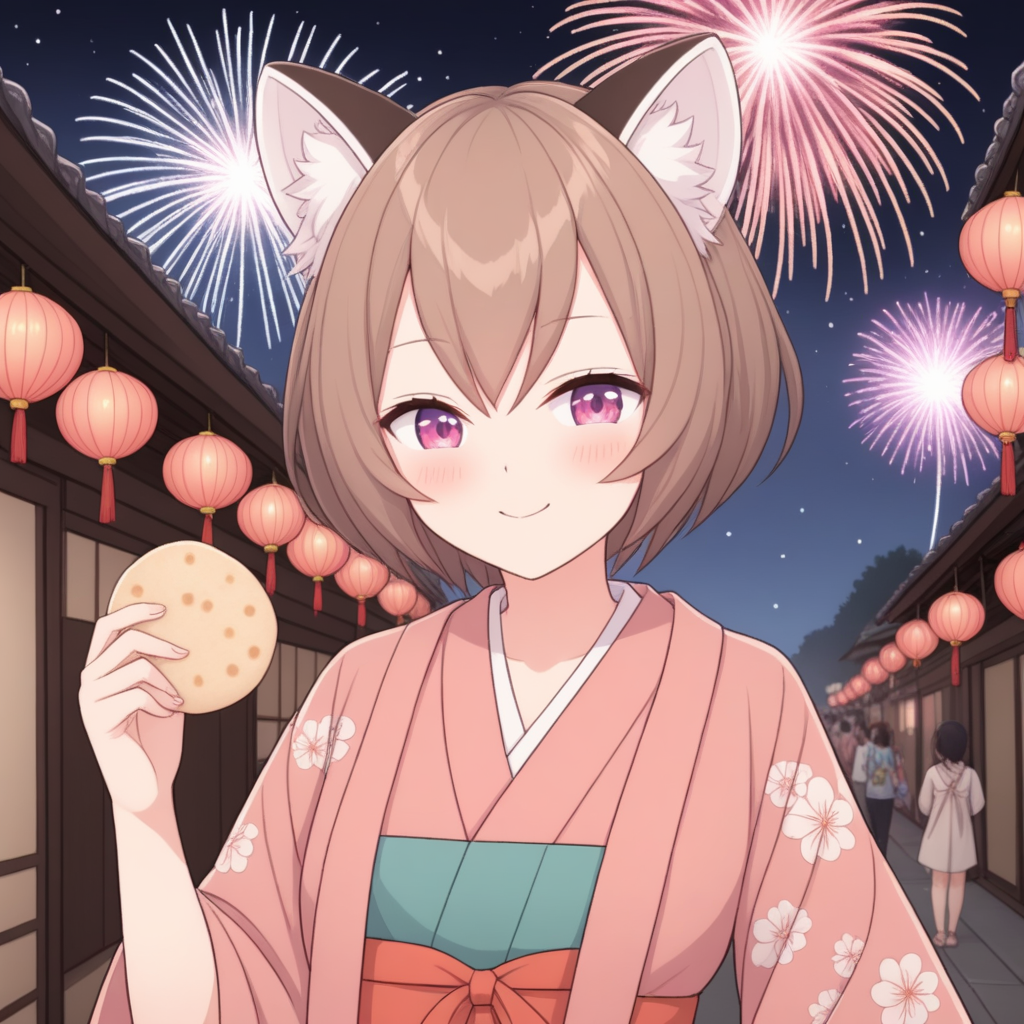 panko, animal ears, brown hair, hair ornament, flat chested., short hair, smile, solo, virtual youtuber, upper body, fuschia eyes, looking at viewer,
kimono, festival, night, fireworks, holding dumplings,
 <lora:PANKO-XL-t1:0.6>