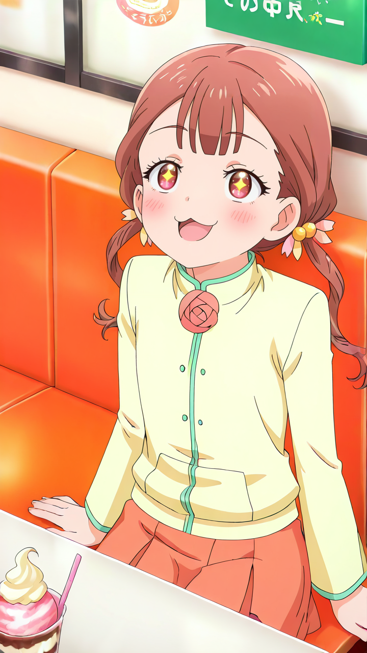 1girl,full_shot,solo,anime screenshot,Kamoto_Suzu,skirt,looking_up,from_above,<lora:Kamoto_Suzu_Illustrious_v3:1>,open mouth,yellow jacket,corsage,skirt,restaurant,sitting,:3,ice_cream,+_+,, masterpiece, best quality