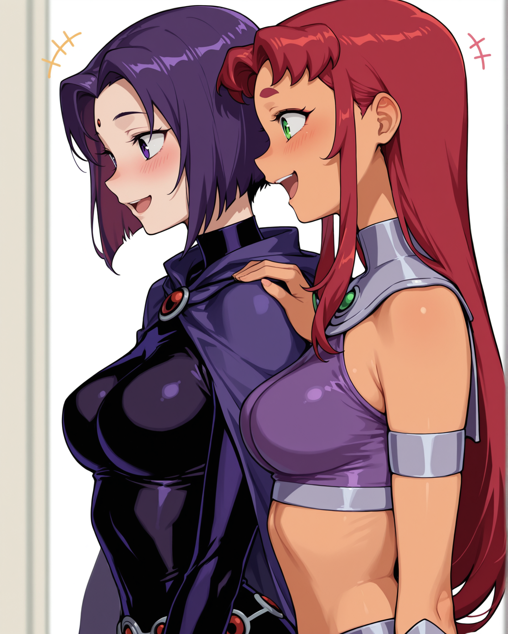 masterpiece, best quality, side_view_two_character, 2girl, Starfire, Raven (dc), from side, profile, medium breasts, smile, happy, hand on another's shoulder, upper body, purple hair, red hair, long hair, short hair,<lora:Side_view_two_character_hand_on_anothers_shoulderbreast_grabass_grabhand_on_anothers_waist_Illustrious:1>, blush, looking at another, laugh, open mouth,