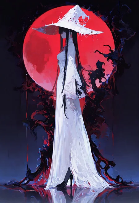 masterpiece,best quality,amazing quality, 1girl, solo, long hair, breasts, black hair, long sleeves, dress, hat, closed mouth, very long hair, standing, full body, black footwear, white dress, from side, high heels, white headwear, witch hat, moon, reflection, long dress, witch, covered eyes, red moon, reflective floor, backlighting, konya karasue <lora:illustriousXL_stabilizer_v1.23:0.3> <lora:NOOB_vp1_detailer_by_volnovik_v1:0.3> <lora:ponyv6_noobE11_2_adamW-000017:0.3> <lora:mon_monmon2133:0.6> <lora:r17329_illuu:0.55> <lora:XXX667:0.7>