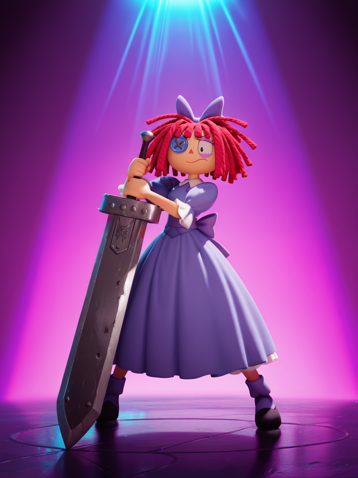<lora:dollIL:0.7> d_ll, 1 girl,rag-doll, red yarn-like hair, flat orange triangular nose, blue button eye and black pupil in actual eye, purple bow in hair,
gigantic sword, steel armor,glowing liens, action, full body, glowing background