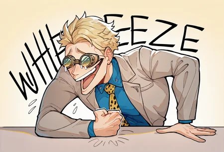 masterpiece, best quality, newest, absurdres, highres, 1girl, wheeze, upper body, laughing, tears, clenched hand, crying, english text, hand on table, open mouth, <lora:WheezeMeme_illusXLNoobAI_Incrs_v1-000013:1>, <lora:ChamKentoNanamiIllustriousXL:1>, NanamiBase, blonde hair, short hair, goggles, grey jacket, yellow necktie, leopard print, blue shirt, collared shirt,