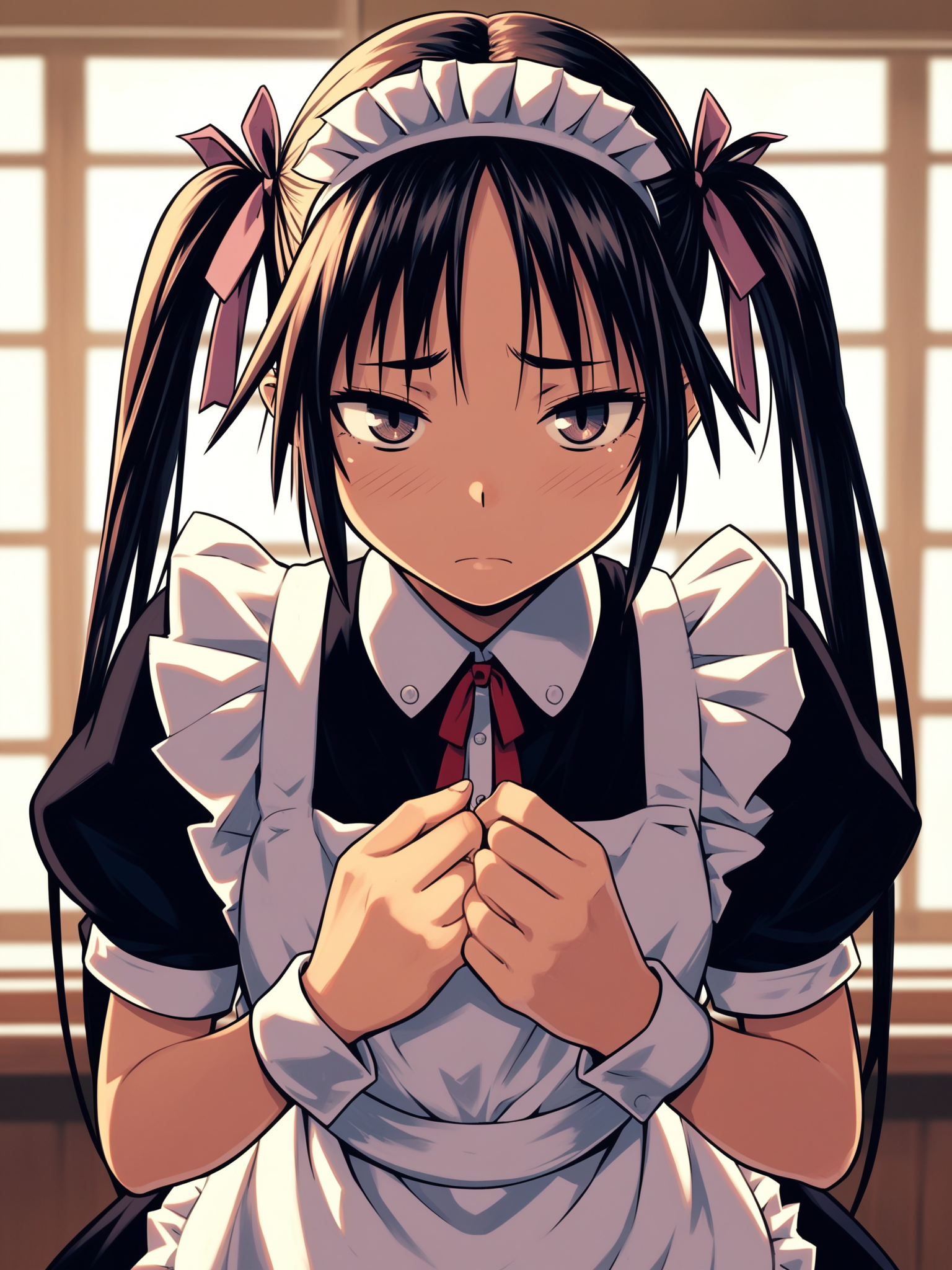 <lora:happy_tentacle-hinata-v0.1-000060:0.9>, ht_hinata, maid, maid headdress, thighhighs, twintails, apron, wrist cuffs , indoors 1girl, solo, upper body , , (sad :1.1), , looking at viewer , standing , facing viewer , score_9, score_8_up, score_7_up, score_6_up, score_5_up, score_4_up