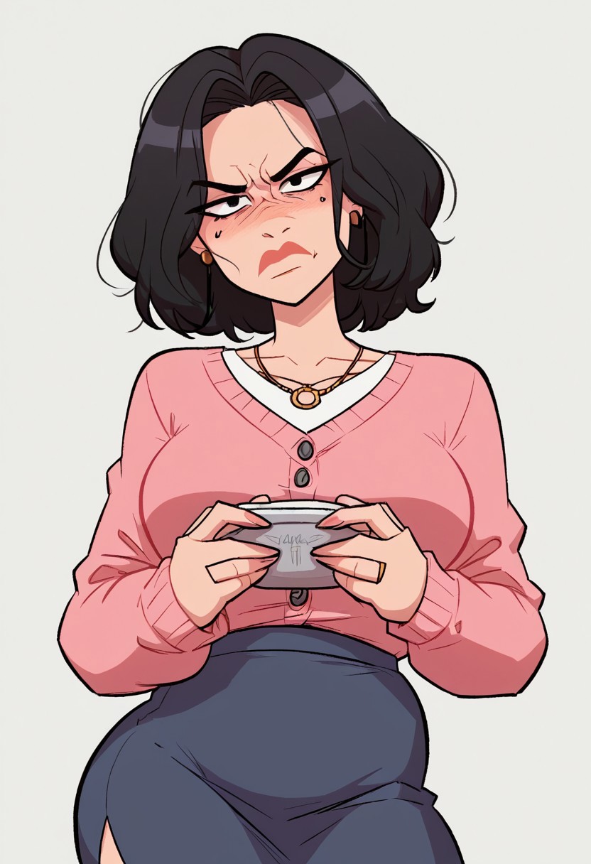score_9, score_8_up, score_7_up, extremely detailed, semi realistic, 40 year old mother (angry, bitter, mean, arrogant, stern, feminist, natural, intelligent, sophisticated, jewish mom, high quality, black hair, mature woman, small breasts, modest, conservative clothing pink cardigan, long sleeves, grey pencil skirt)  4ng3l face, clear, simple white background, pure white background, looking at viewer, Expressiveh, arms by side