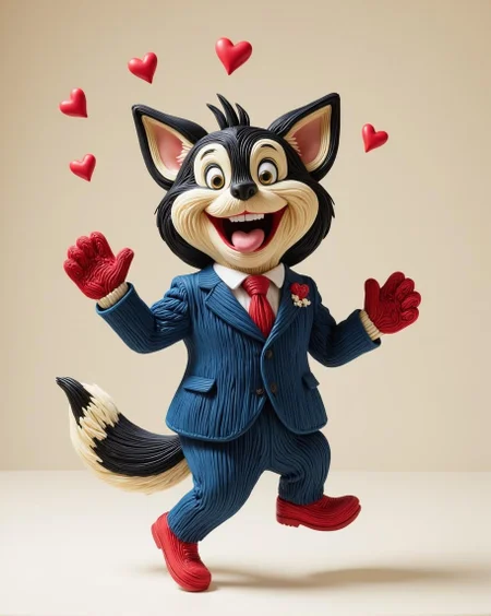 <lora:flux-licoricestyle.safetensors:1> made out of Licorice, A fantastical creature with striped, animal-like features, blending the familiar with the exotic.Here is the succinct version: An anthropomorphic wolf, donning a blue-striped suit with red tie, grins widely while sticking out its tongue in playful abandon. Red cartoon hearts float above its head. It wears fluffy mittens and tail, red shoes, and a white collar. Its feet are suspended mid-air as it dances with unbridened joy.