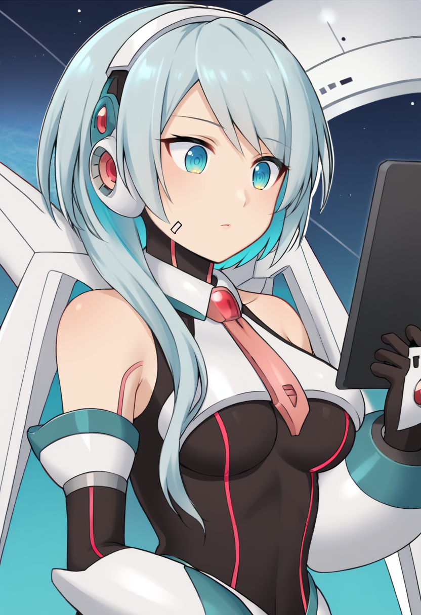 <lora:ICO-05:1>  ico, bare shoulders, necktie, leotard, gloves, thighhighs, medium breasts, android, black leotard, black gloves, blue hair, grey hair, black thighhighs, aqua hair, scarf, upper body portrait, indoor, space, long hair, tablet pc, holding tablet pc,