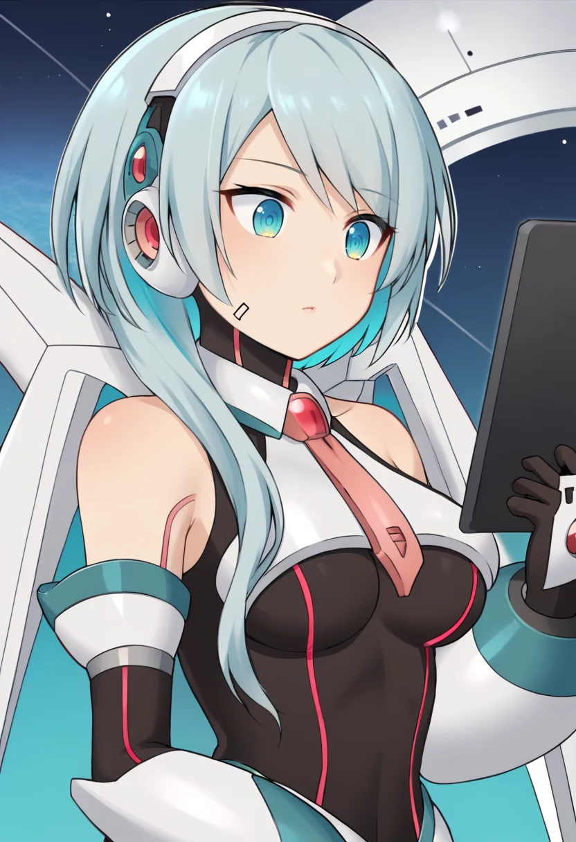 <lora:ICO-05:1> ico, bare shoulders, necktie, leotard, gloves, thighhighs, medium breasts, android, black leotard, black gloves, blue hair, grey hair, black thighhighs, aqua hair, scarf, upper body portrait, indoor, space, long hair, tablet pc, holding tablet pc,