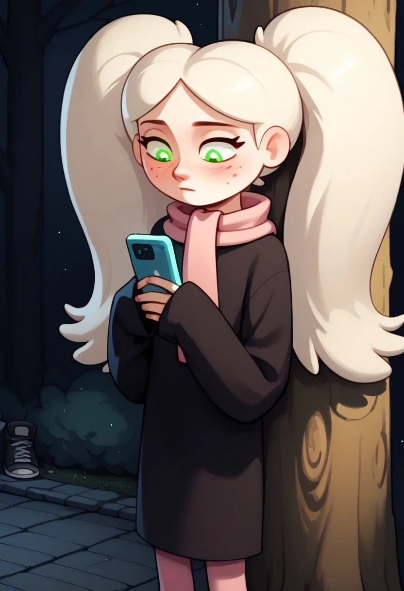 score_9, score_8_up, score_8, score_9, 1girl, solo,
long hair, platinum blonde hair, long twin pigtails, red freckles, ((glowing green eyes)),,, oversized black dress, sleeves covering hands, light pink scarf, salmon pink tights, black sneakers,
<lora:Twintails_Marra_v1:>
outdoors, sidewalk, leaning against tree, holding cellphone, looking down, ((upper body focus))