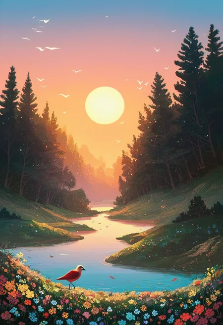 score_9, score_8_up, score_7_up, masterpiece, professional artwork, famous artwork, cinematic lighting, easynegative, space_backround, mad-stncl, trees, sun, river, morning, irisch landscape, bird, flowers, beautiful composition