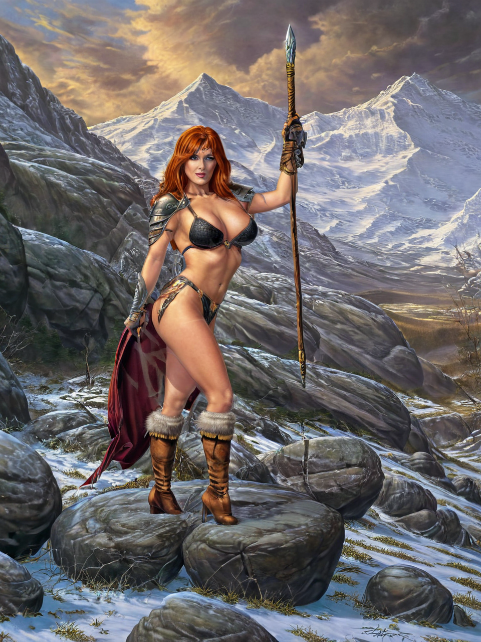 (((nude fantasy illustrations of by Elmore_Style_LX))) , standing pose, Witches and warriors, sexy, skimpy, slutty, red head  supermodel witch, adventure, cinematic, epic outdoor location, fantasy illustration, cinematic scene by forgotten realms, 1woman barbarian, skimpy armor, Huge breasts, bikini armor, sexy barbarian nude , with sword with a magic items, in the background epic winter sunset Fantasy masterpiece by Larry Elmore , <lora:Elmore_Style_LX-000010:0.8>