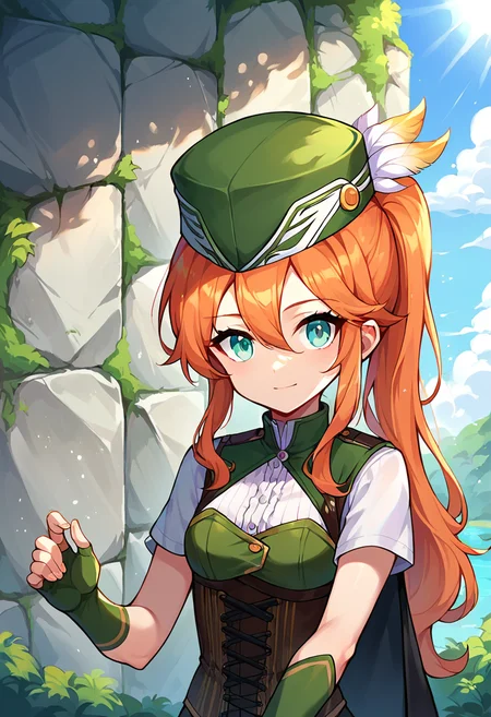 score_9,score_8_up,score_7_up,source_anime,zPDXL3,outdoors,day,sky,rock,blue sky,sunlight,upper body,
*//*,<lora:Adventurer_Archer_Pony:1>,marksman_new,1girl,solo,orange hair,long hair,ponytail,aqua eyes,hair between eyes,corset,short sleeves,black cape,green hat,hat feather,fingerless gloves,green gloves,
looking at viewer,light smile,