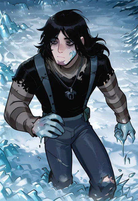 masterpiece, best quality, amazing quality, very aesthetic, absurdres, newest,
kevinov, black hair, bags under eyes, long hair, black eyes, necklace, goatee, layered sleeves, black shirt, long sleeves, short over long sleeves, torn clothes, striped sleeves, jeans, overall belt,
dynamic pose, ice growth, growing spikes from skin, Frostbite, Frostbite_on_face, Frostbite_on_hair,frostbite on eye,